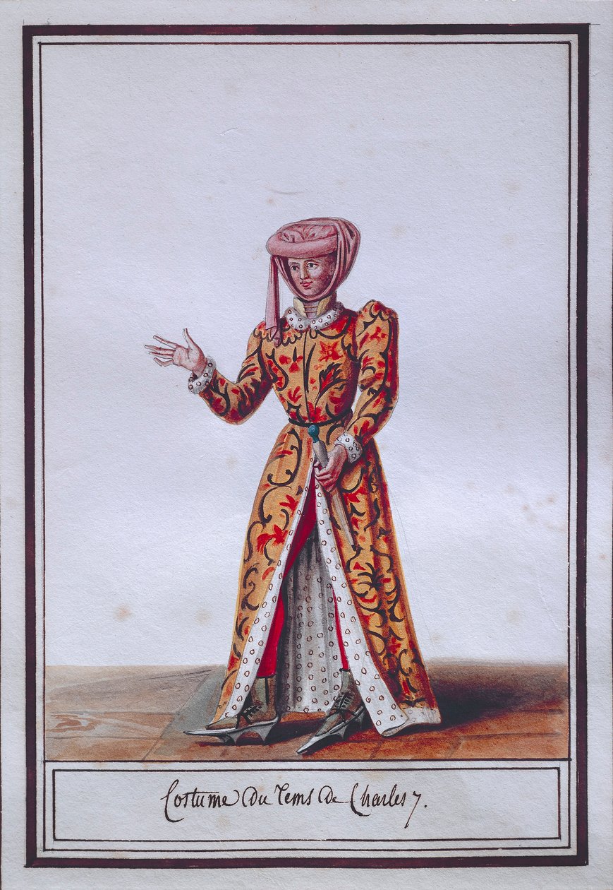 Dammodeskylt föreställande Karl VII:s tidsdräkt (1403-1461), av Pierre Antoine Leboux de La Mesangere (1761-1831), akvarell av Pierre de La Mesangere