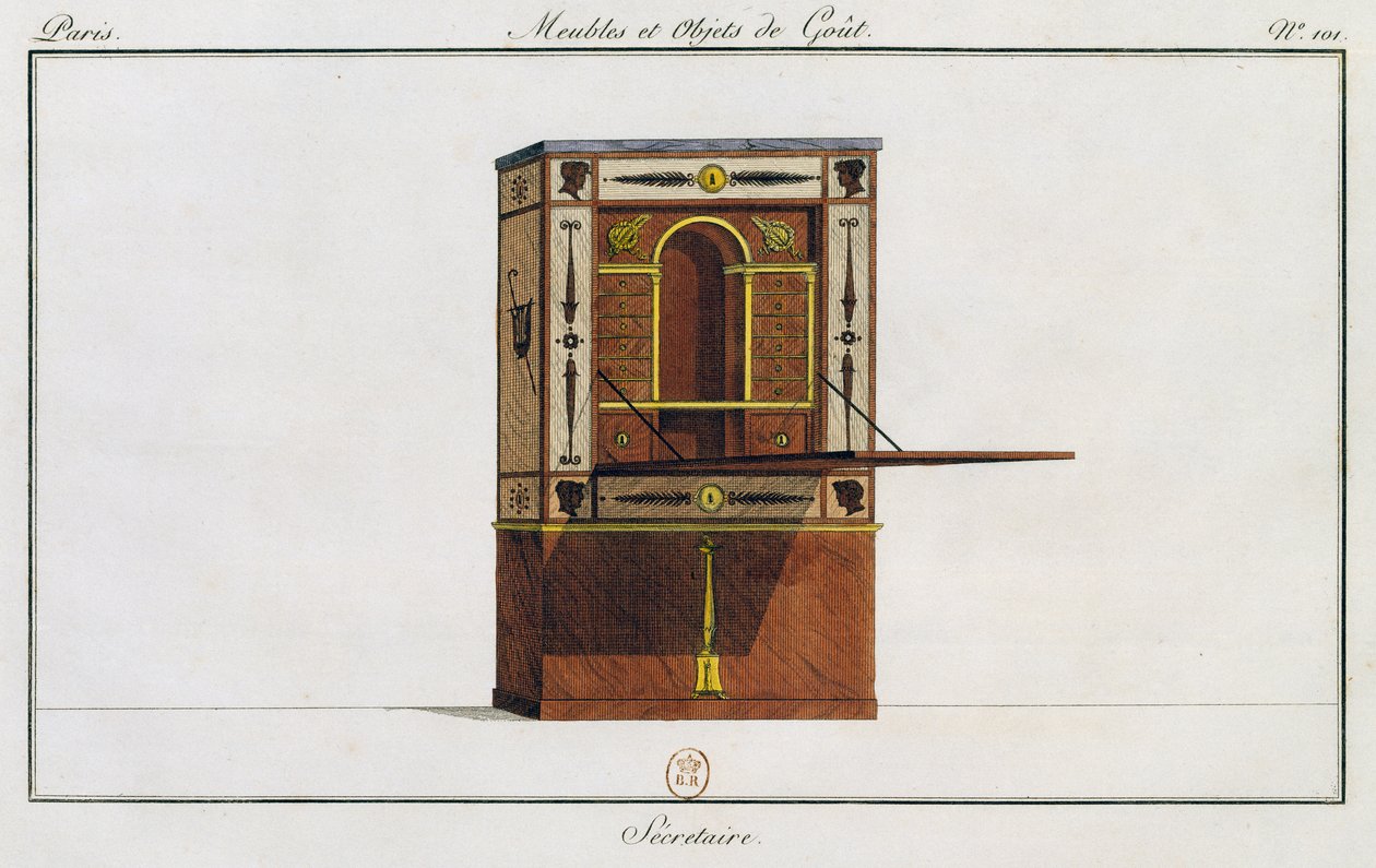Skrivebord, tallerken 101, illustration fra Collection de meubles et objects de gout (Samling af møbler og smagsgenstande)swed av Pierre de La Mesangere