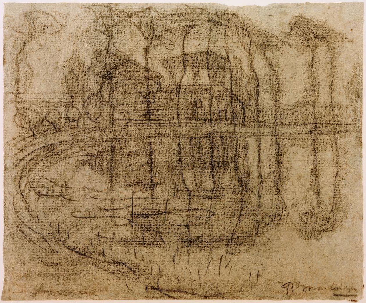 Bondgård med träd vid vattnet av Piet Mondrian