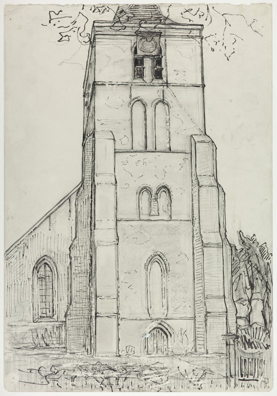 Kyrktornet i Domburg, sent 1910-tidigt 1911 (bläck över penna och krita på papper) av Piet Mondrian