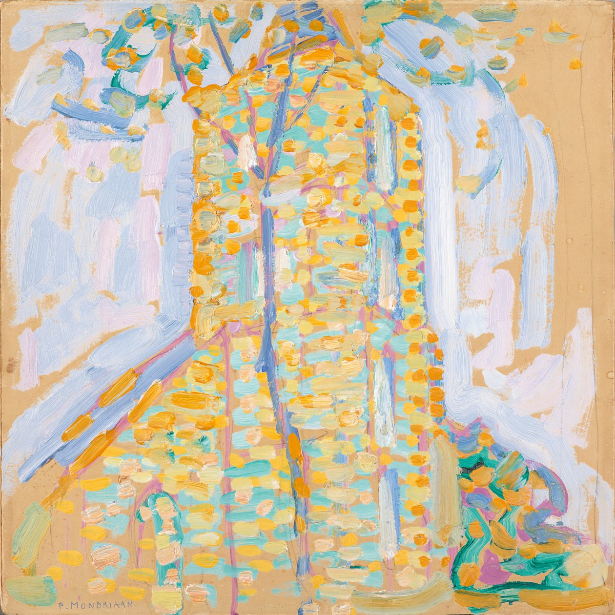 Kyrka i Domburg med träd, 1909 (olja på kartong) av Piet Mondrian