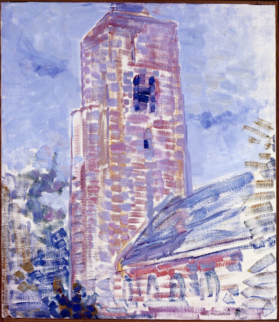 Kyrka i Oostkapelle, skepp och torn, 1909 av Piet Mondrian