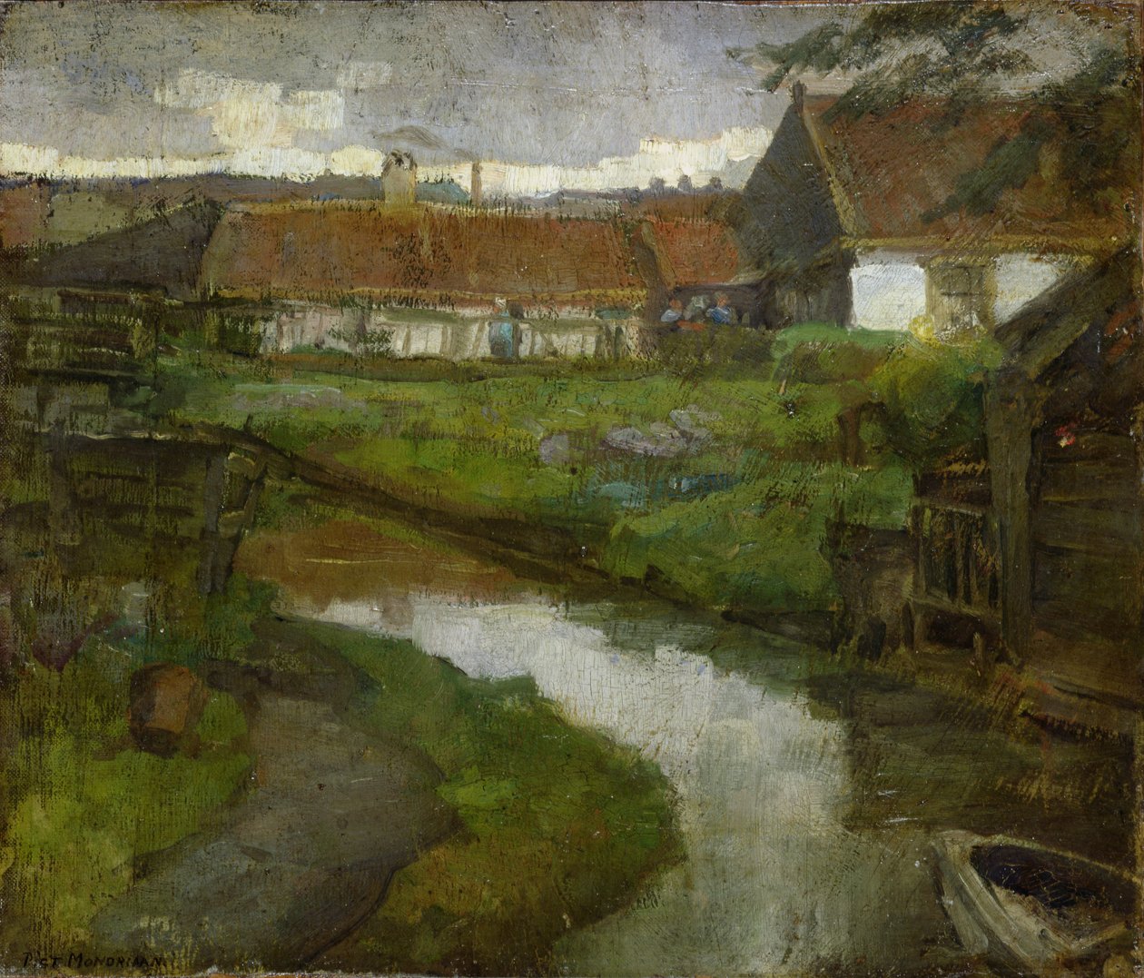 Gårdsgård och bevattningsdike med förstäv av roddbåt, 1898-99 av Piet Mondrian