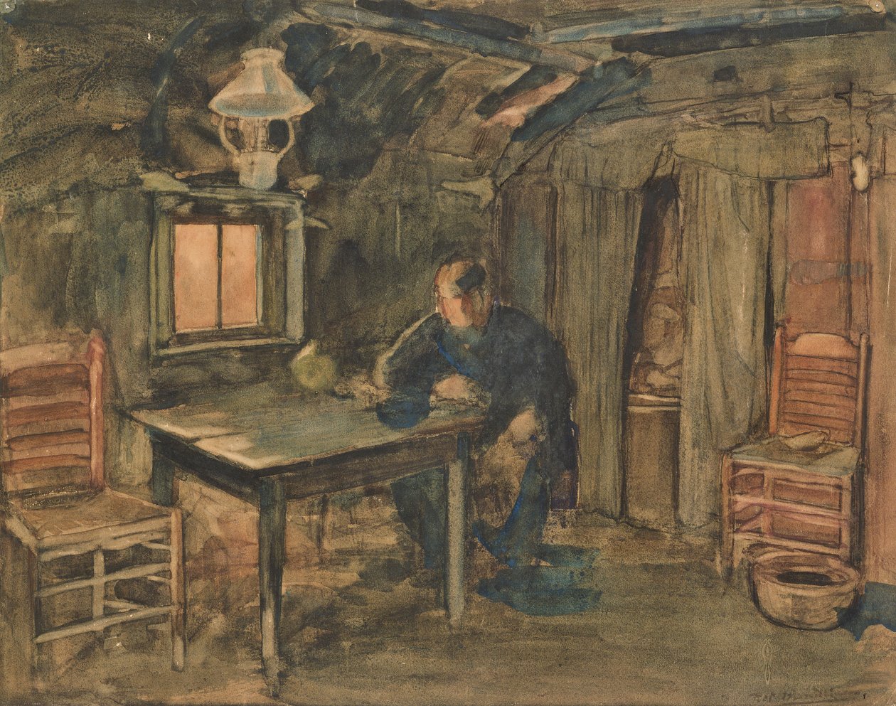 Hannes Van Nistelrode sitter i hans bondgård, 1904 (wc på papper) av Piet Mondrian