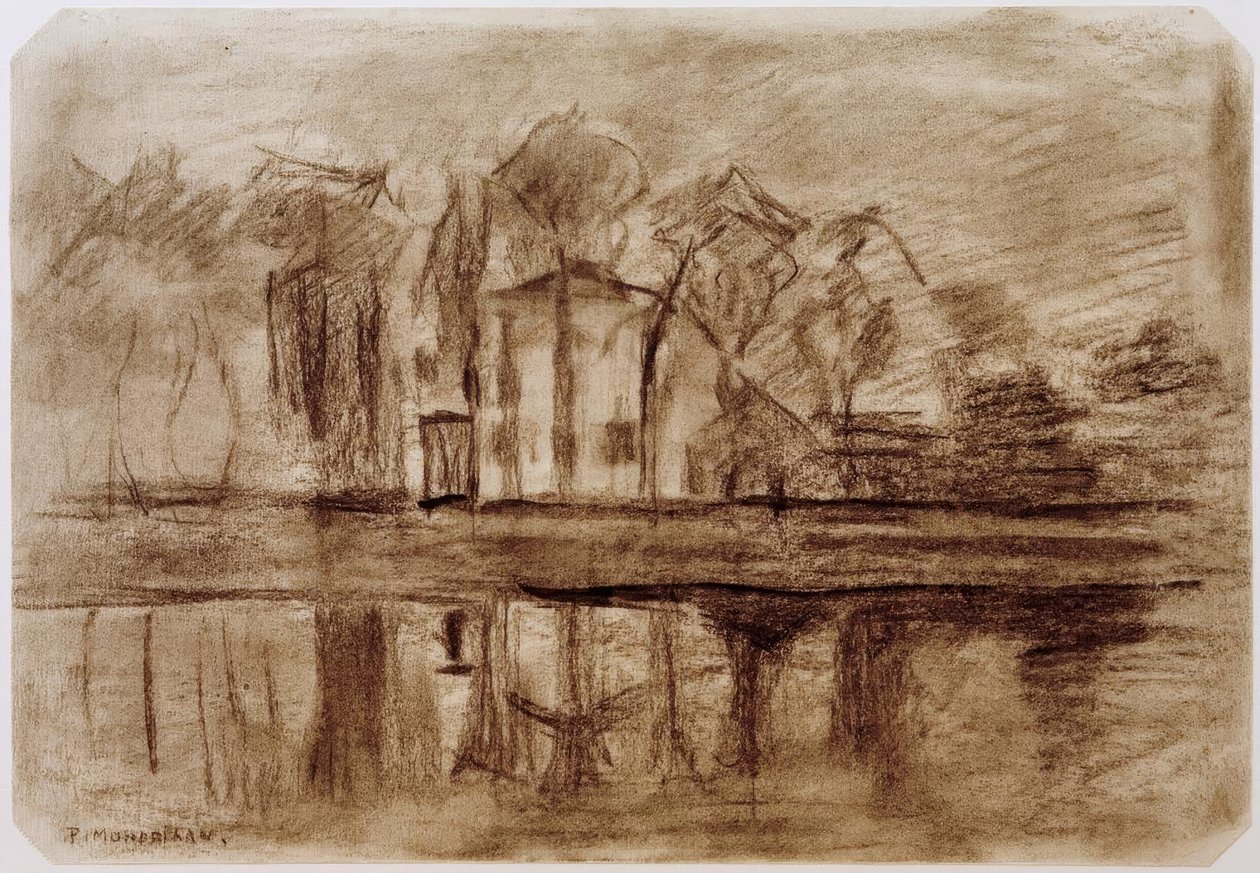 Hus med träd vid vattnet av Piet Mondrian