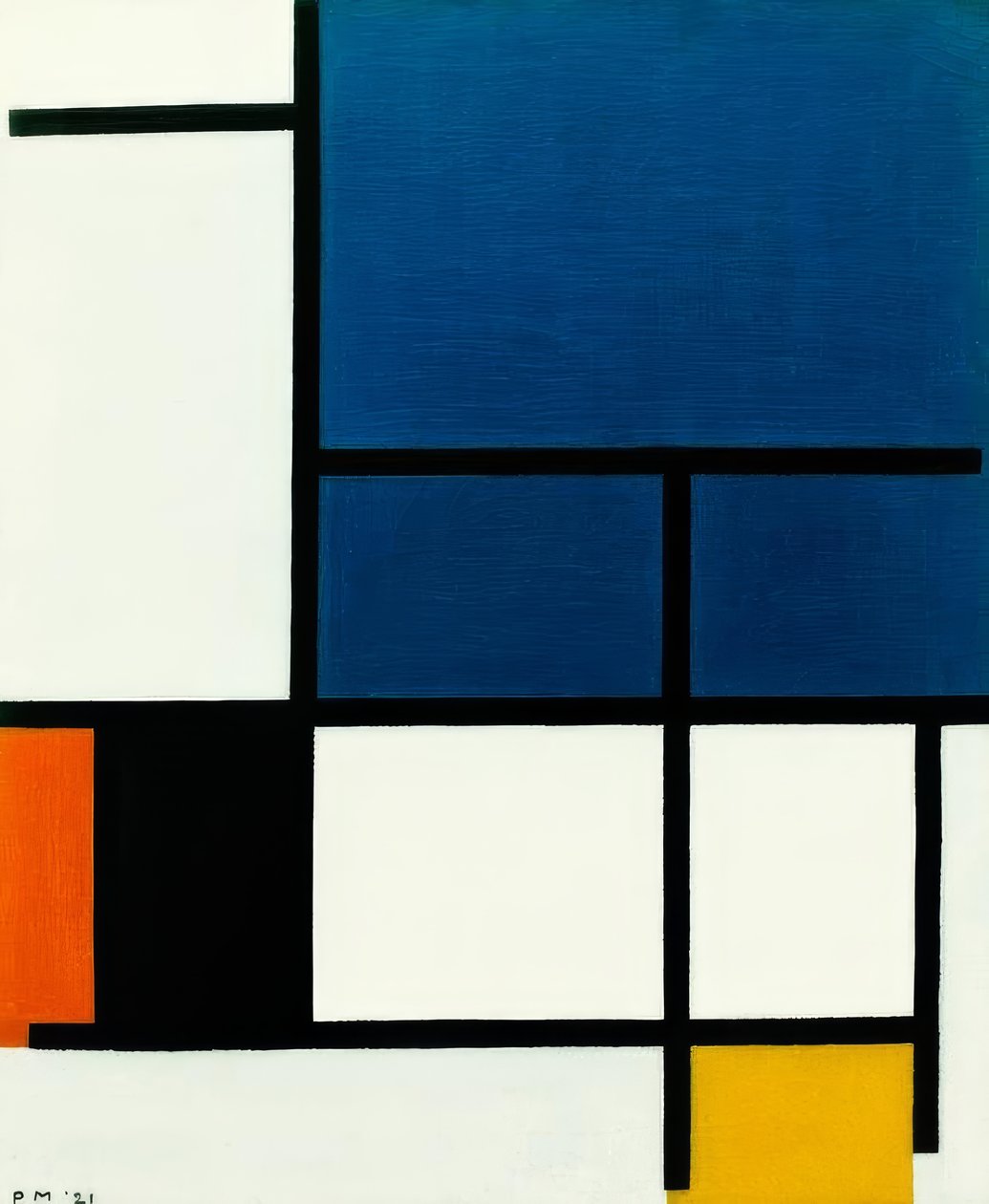 Komposition med ett stort blått område, rött, svart, gult och av Piet Mondrian