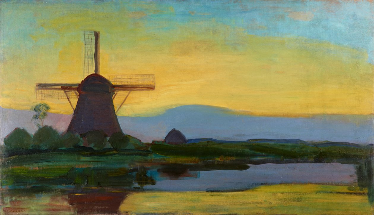 Oostzijdse kvarn med utvidgad blå, gul och lila himmel, ca 1907 - början av 1908 av Piet Mondrian