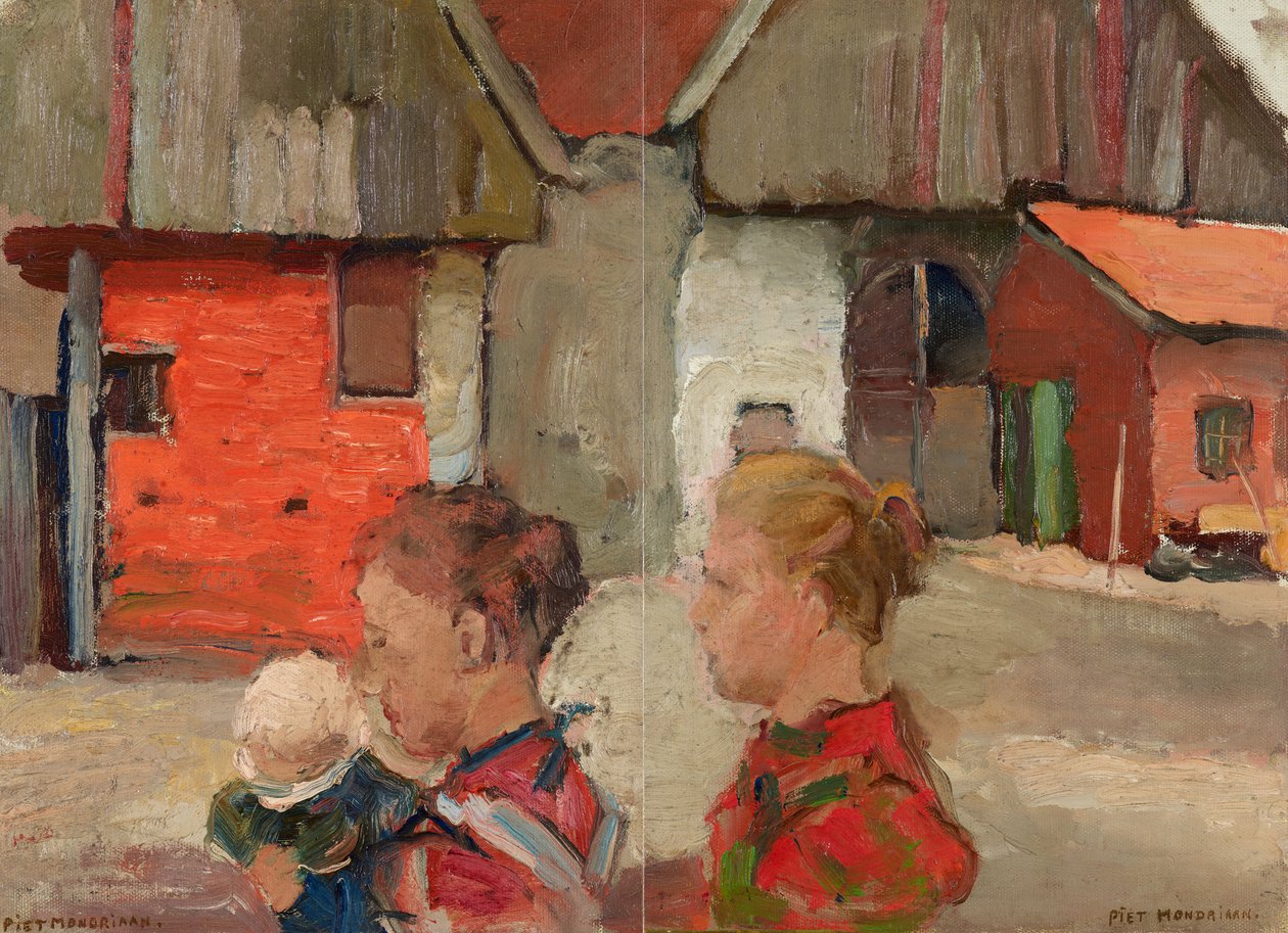 Bakre gavlar av gårdsbyggnader med figurer, 1898-99 av Piet Mondrian