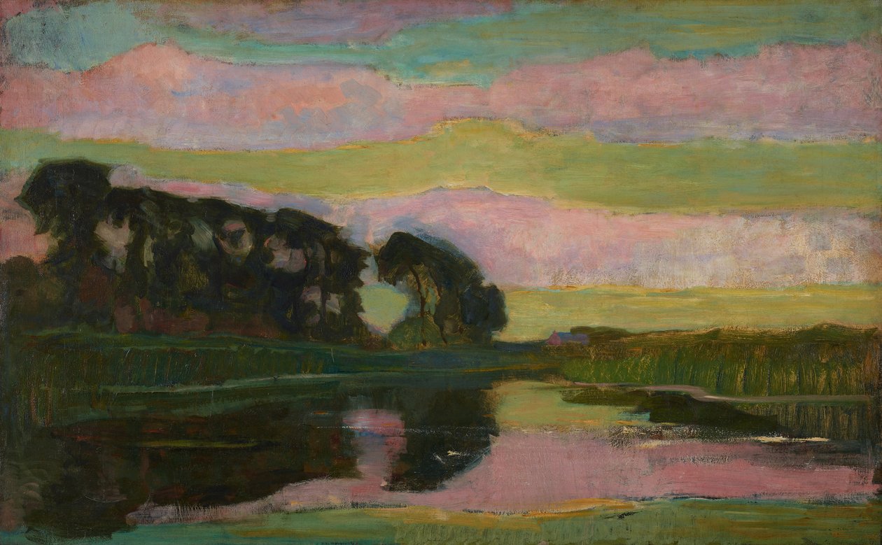 Flodlandskap med en rad träd till vänster, himmel med rosa och gulgröna band: Farmstead on the Gein Screened by Tall Trees, c.sent 1907-08 av Piet Mondrian