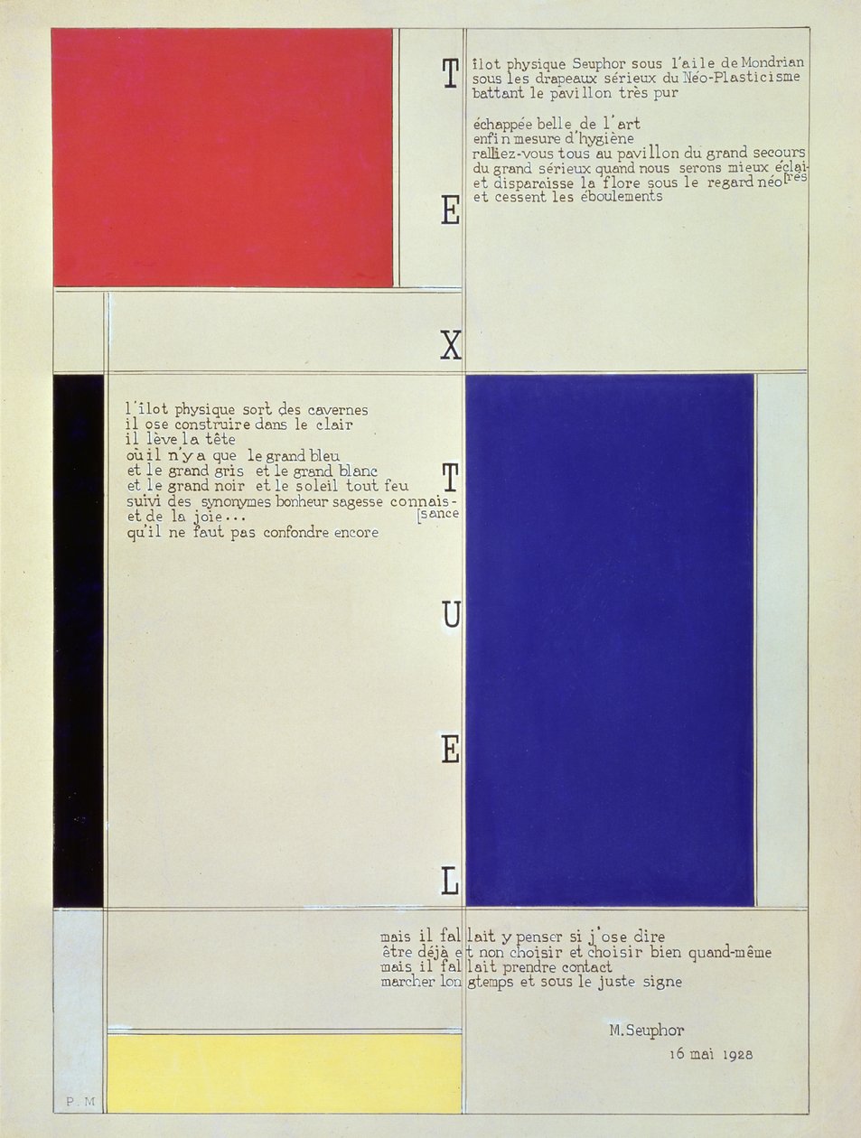 Tableau-Poeme, med text av Michel Seuphor, 1928 (penna, penna, bläck & gouache på kartong) av Piet Mondrian