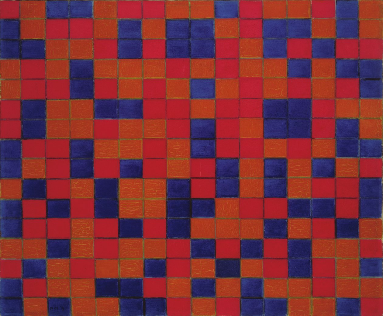 Komposition med rutnät 8: Schackbrädeskomposition med mörka färger av Piet Mondrian