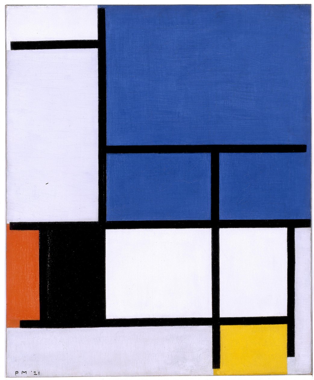 Komposition med stort blått plan, rött, svart, gult och grått av Piet Mondrian