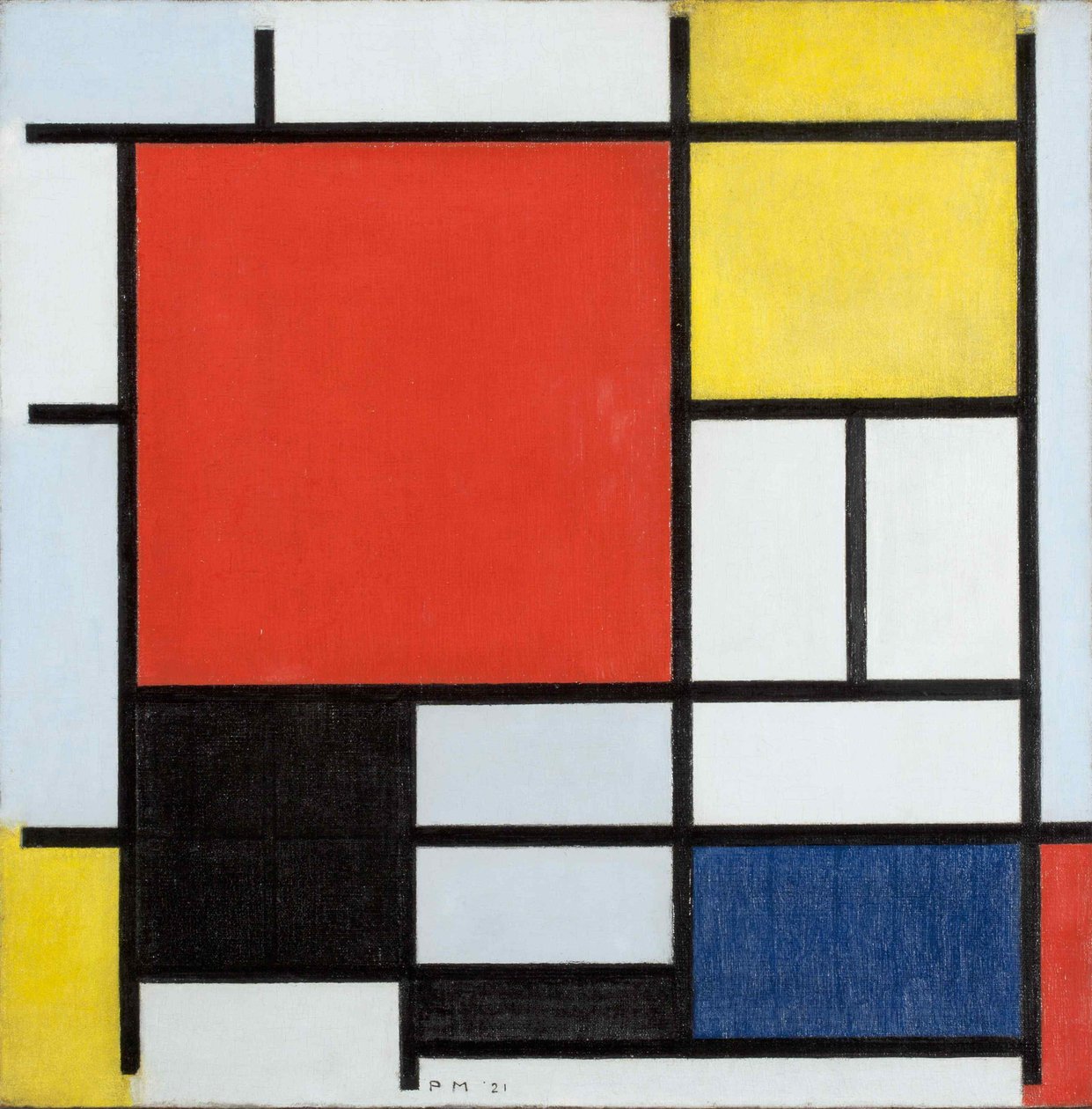Komposition med Large Red Plane, gul, svart, grå och blå, 1921. av Piet Mondrian