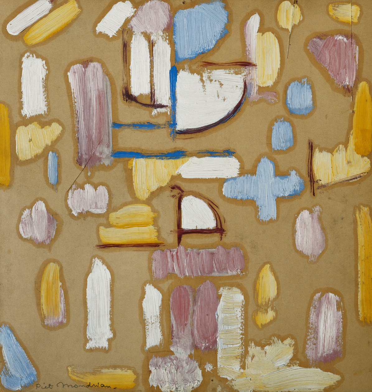 Komposition med rosa, blått, gult och vitt (kyrklig fasad), ca 1912 (olja ombord) av Piet Mondrian
