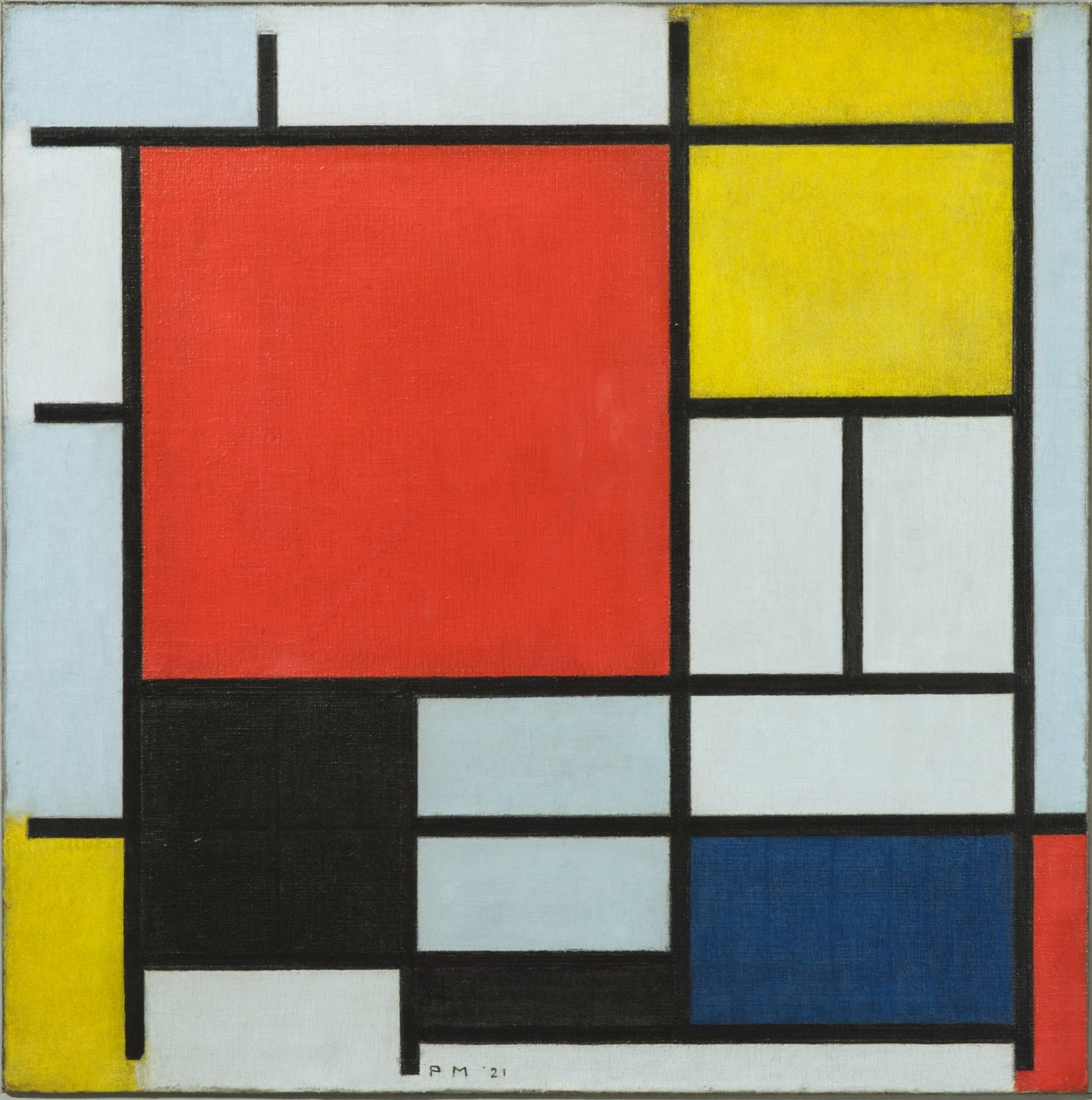 Komposition med stort rött plan, gult, svart, grått och blått, 1921 av Piet Mondrian