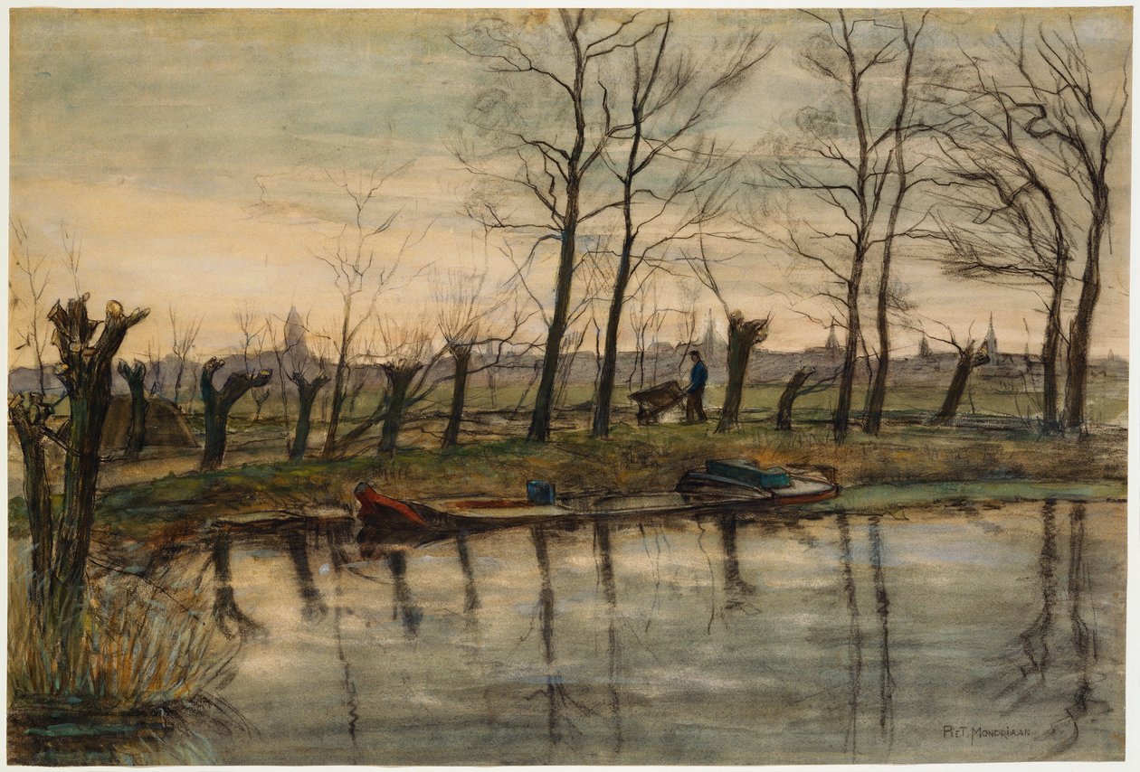 Farmer Returning to the Fields, ca 1900 (w/c & kol på papper) av Piet Mondrian