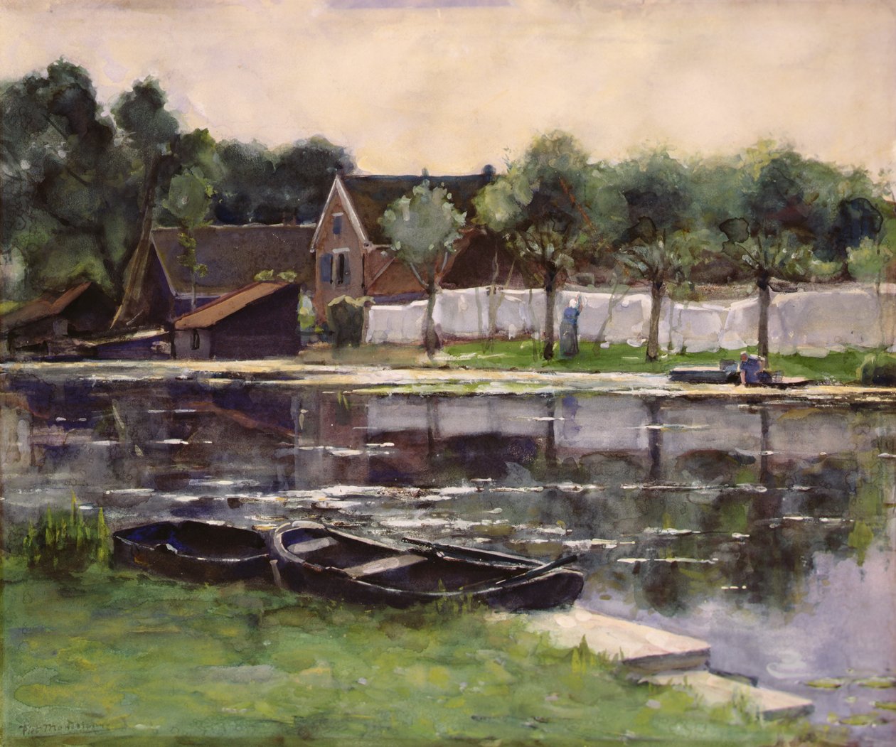 Bondfruar med tvätt på gränsen till en flod av Piet Mondrian