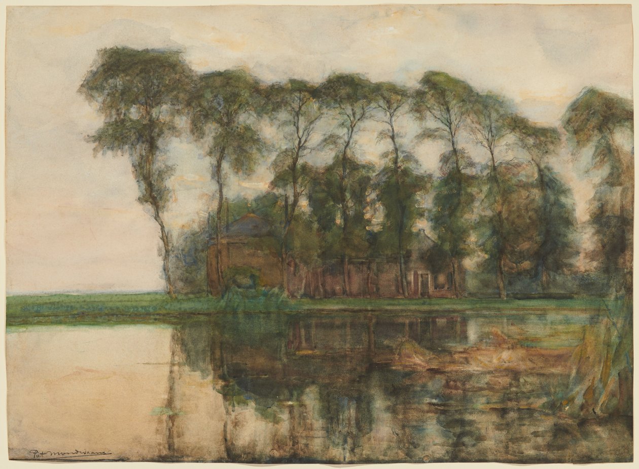 Gård vid vattnet skymd av nio höga träd av Piet Mondrian