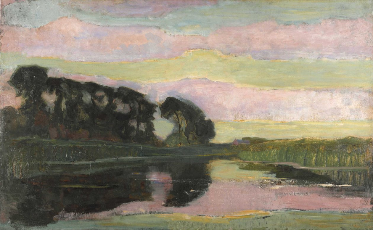 Flodlandskap med rosa och gulgrön himmel, ca 1907-1908. av Piet Mondrian
