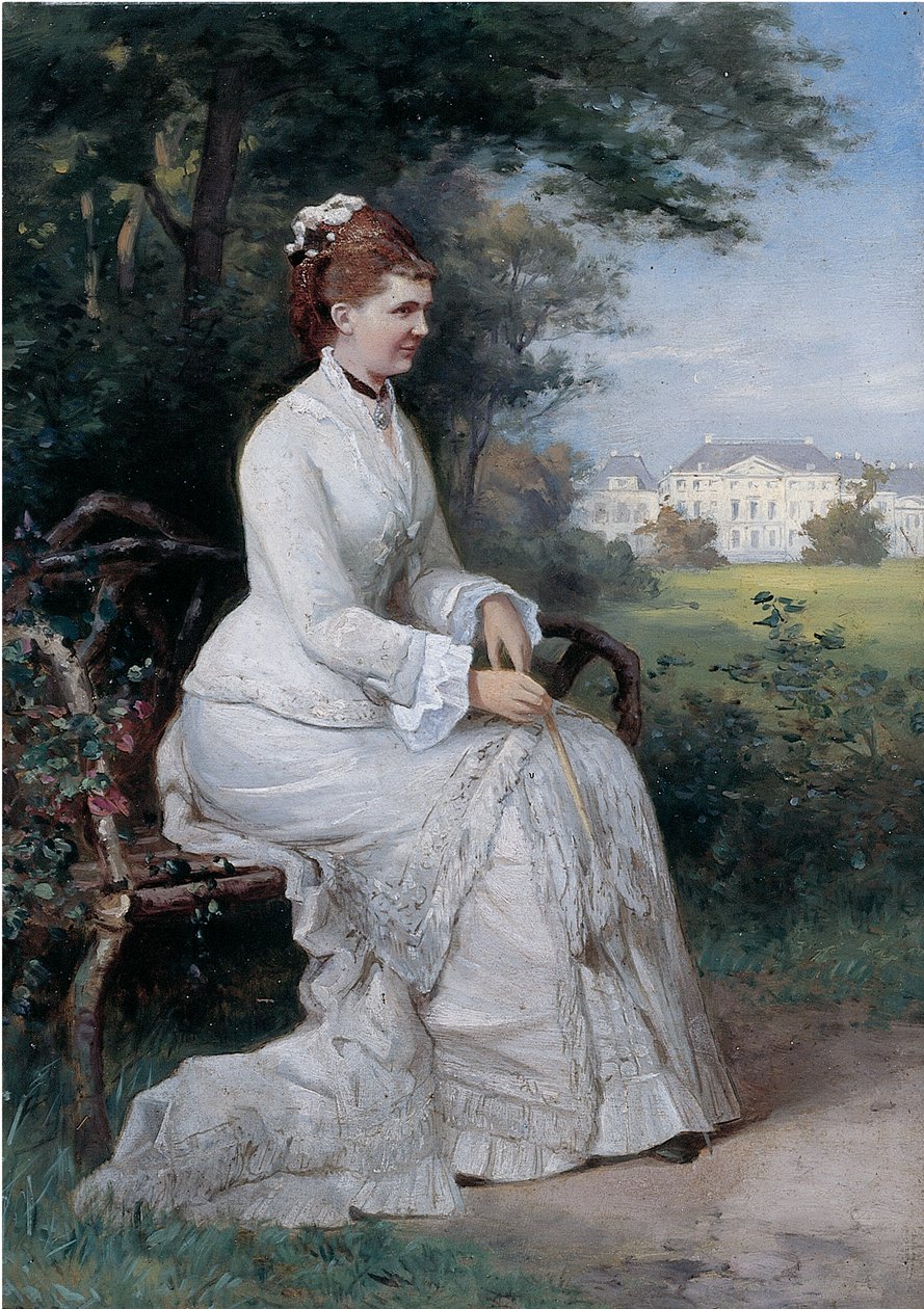 Porträtt av prinsessan Emma von Waldeck-Pyrmont sittande på en bänk i parken vid Palace Het Loo (olja ombord) av Piet Schipperus