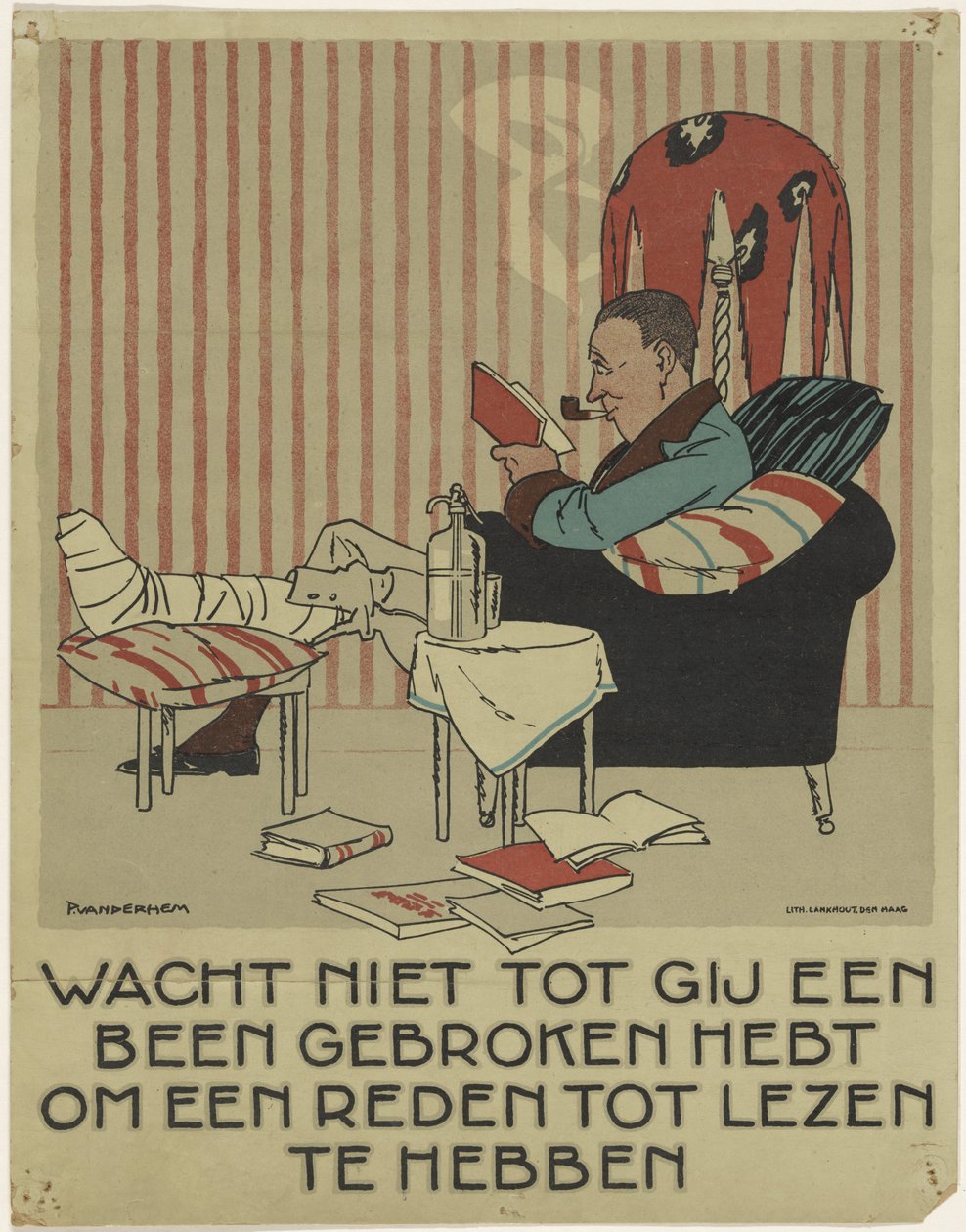 Man läser med brutet ben i fåtölj Kampanj för att marknadsföra boken (serietitel) av Piet van der Hem