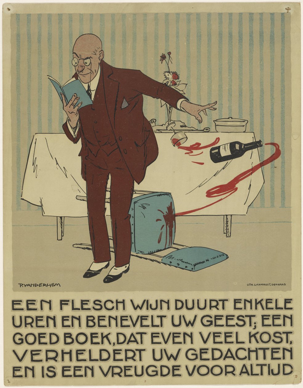 Man som läser slår av misstag en flaska och ett glas vin från bordet Kampanj för att marknadsföra boken (serietitel) av Piet van der Hem