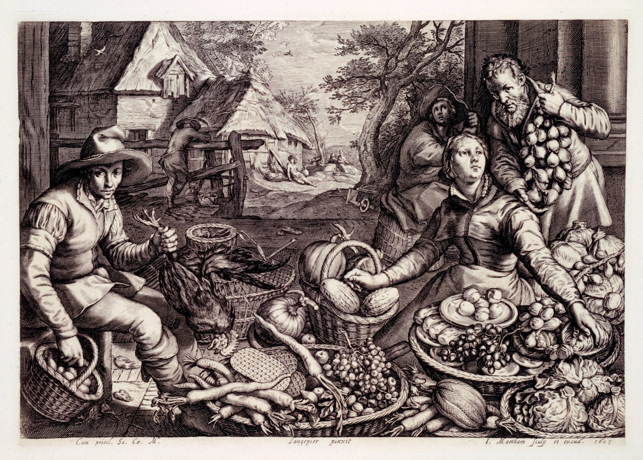 Höstprodukter och vilt, tryck gjord av Jacob Matham, 1603 av Pieter Aertsen