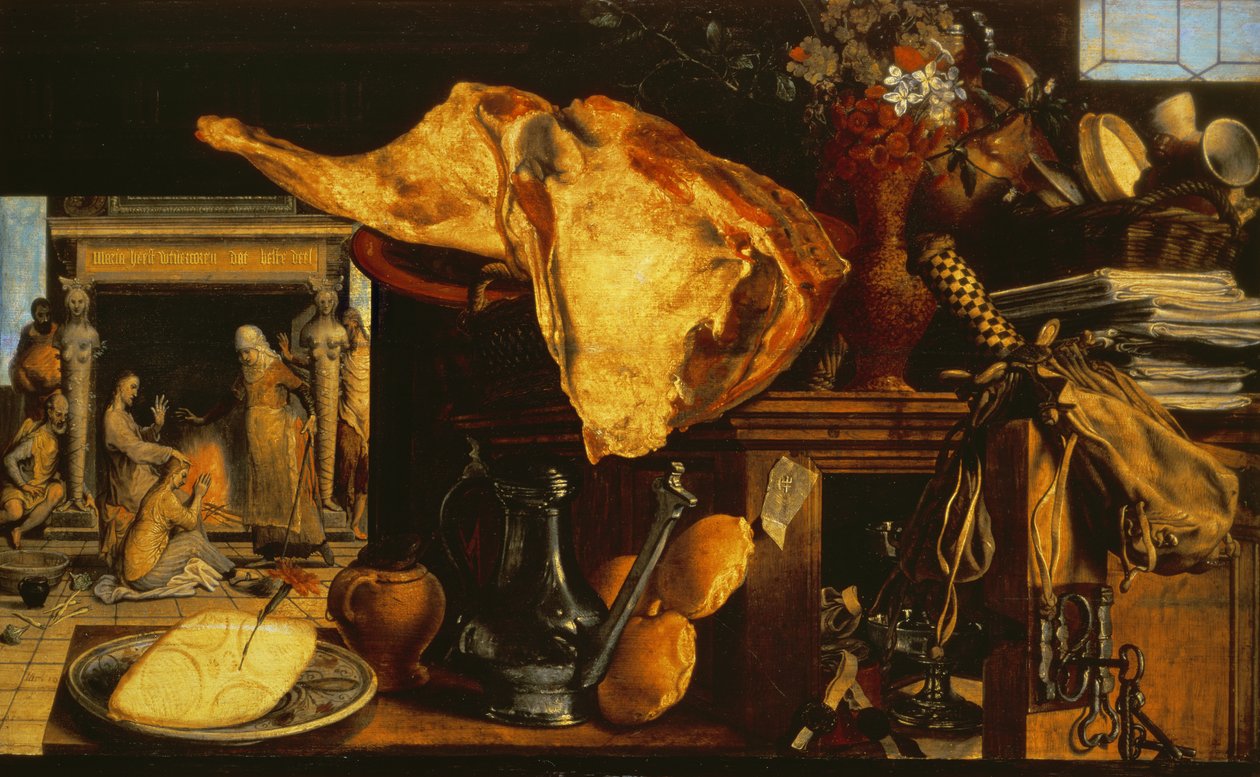 Vanitas stilleben (Kristus med Maria och Marta), 1552 (panel) av Pieter Aertsen