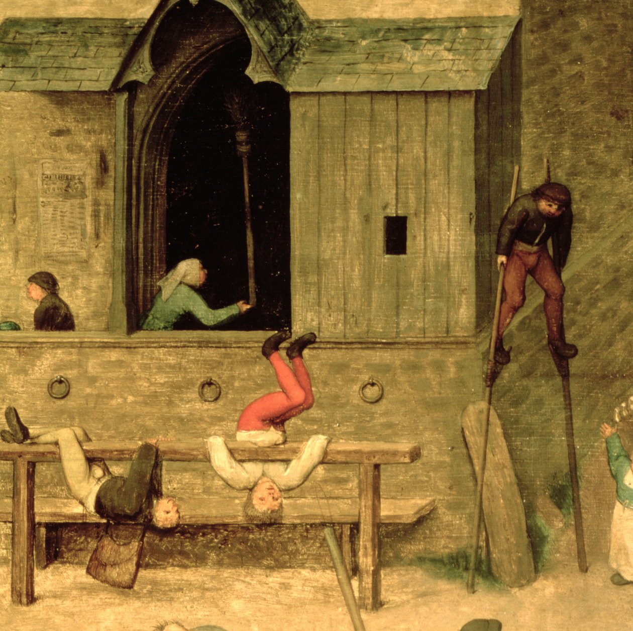 Barnspel (Kinderspiele): detalj av en pojke på styltor och barn som leker i stockarna, 1560 (detalj av 68945) av Pieter Bruegel the Elder