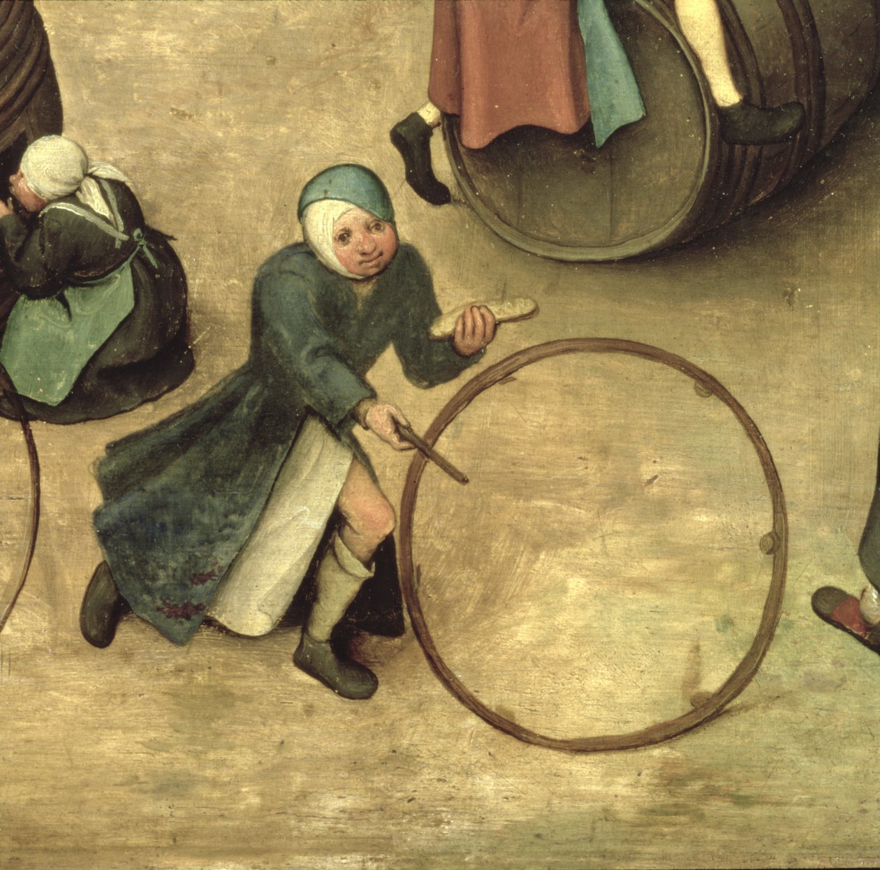 Børnelege (Kinderspiele): detalje af et barn med en pind og bøjle, 1560 (detalje af 68945) swed av Pieter Bruegel the Elder