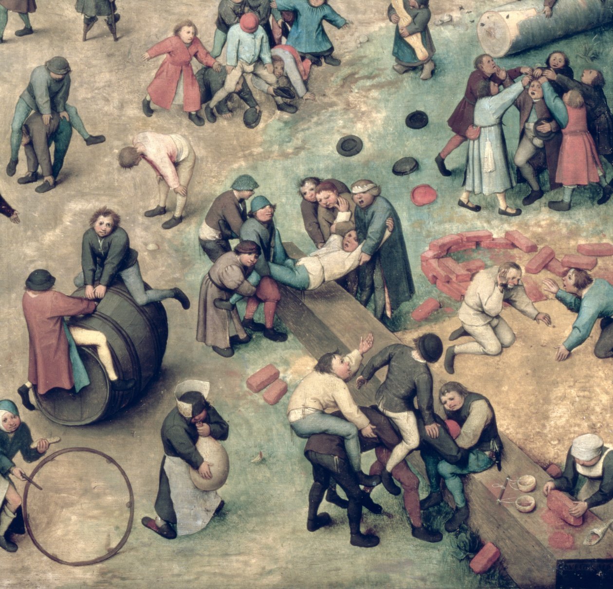Barnspel (Kinderspiele): detalj i det nedre högra hörnet som visar barn som leker med tegelstenar, ringar och en tunna, 1560 (detalj av 68945) av Pieter Bruegel the Elder