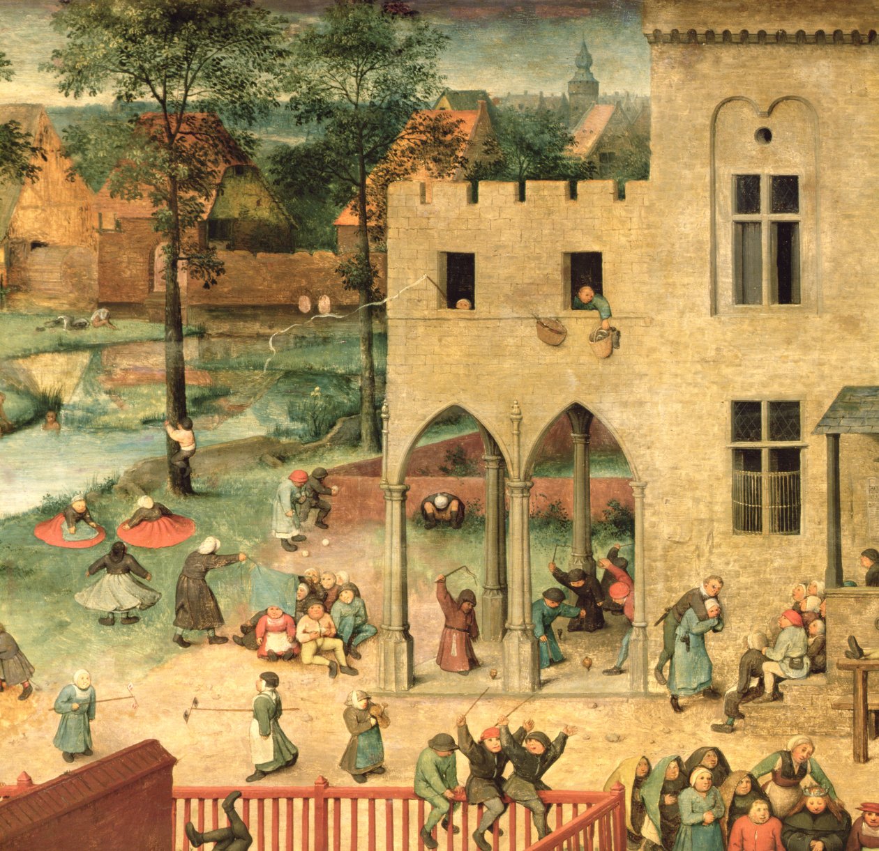 Barnspel (Kinderspiele): detalj i det övre vänstra hörnet som visar barn som snurrar och spelar skålar, 1560 (detalj av 68945) av Pieter Bruegel the Elder