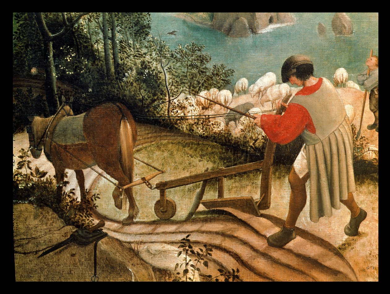 Landskap med Ikaros fall, detalj av en man som plöjer, c.1555 av Pieter Bruegel the Elder