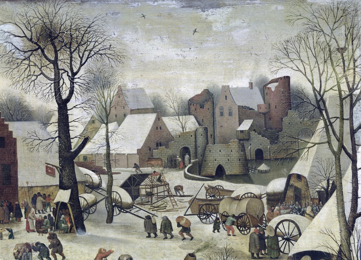 Folkräkningen i Betlehem, detalj av husen och befästningarna av Pieter Bruegel the Elder