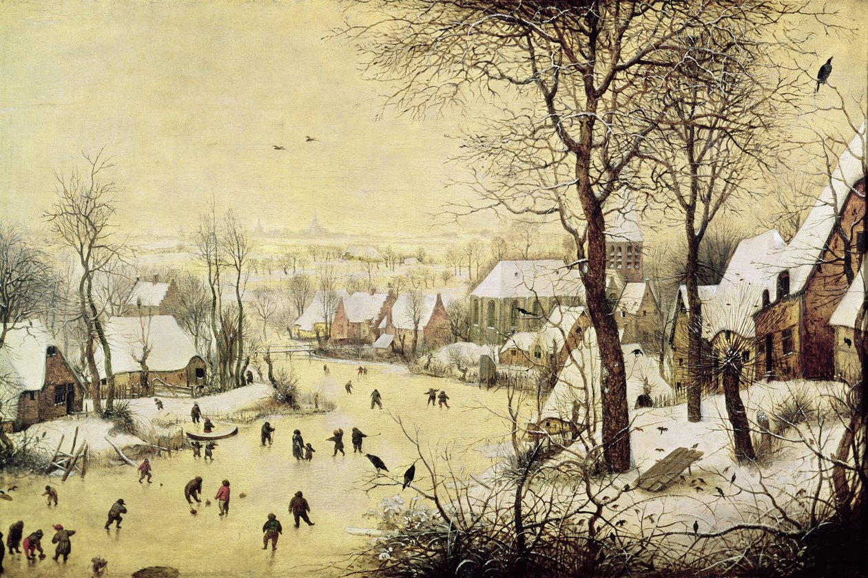 Vinterlandskap med skridskoåkare och en fågelfälla, 1565 av Pieter Bruegel the Elder