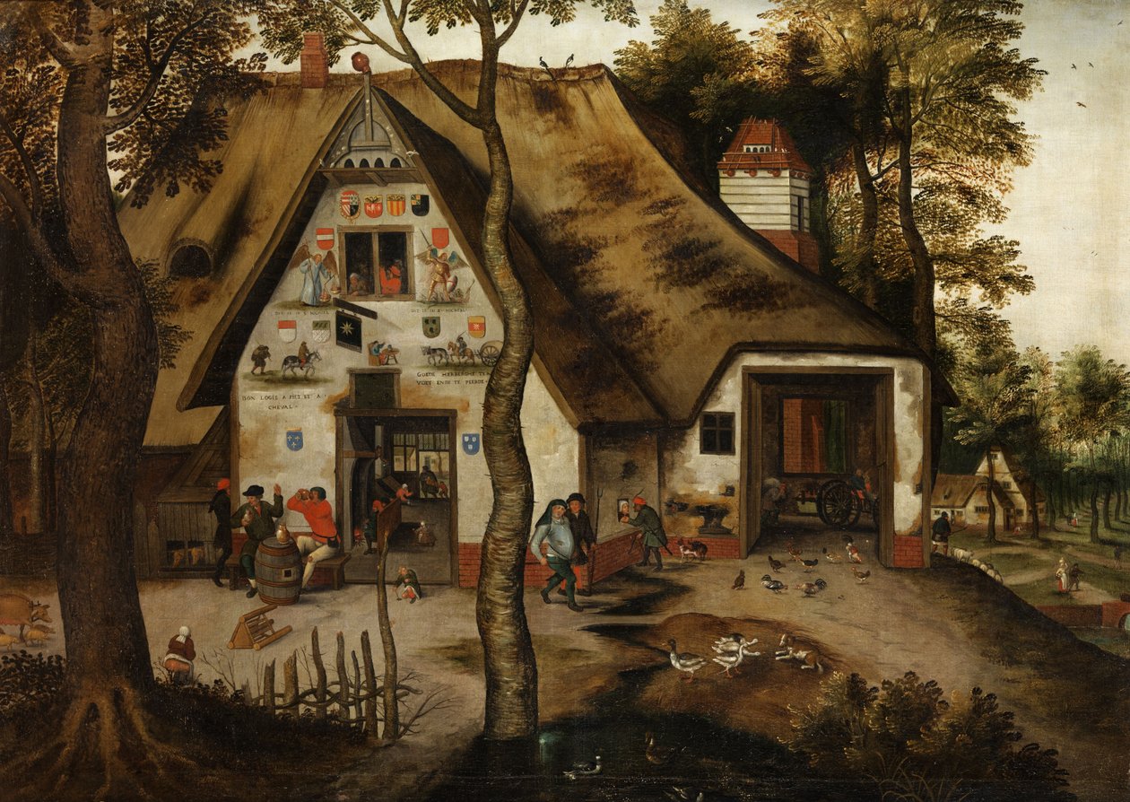 Dorp scène met een taverne in St. Michael av Pieter Brueghel the Younger