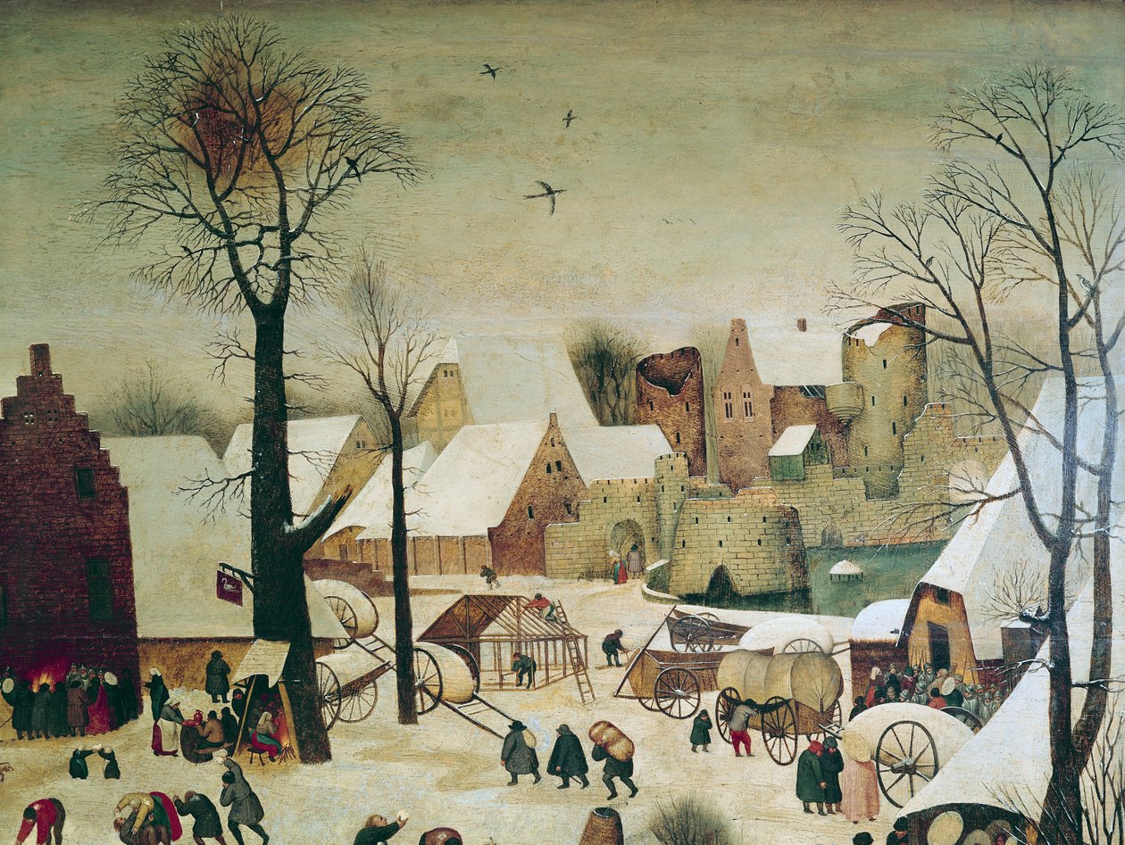 Folkräkningen i Betlehem, detalj av husen och befästningarna av Pieter Brueghel the Younger
