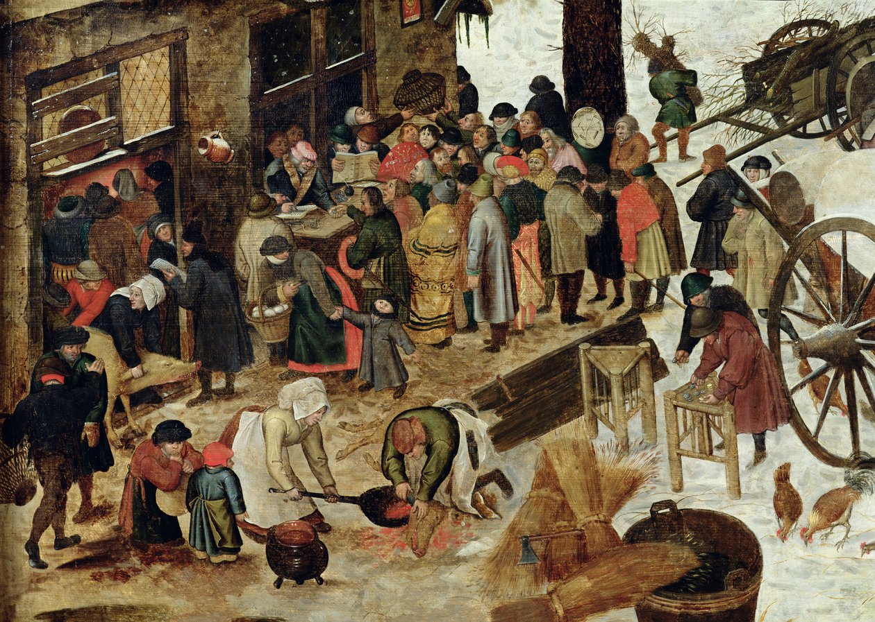 Betalningen av tiondet, eller Folkräkningen i Betlehem, detalj, efter 1566 av Pieter Brueghel the Younger