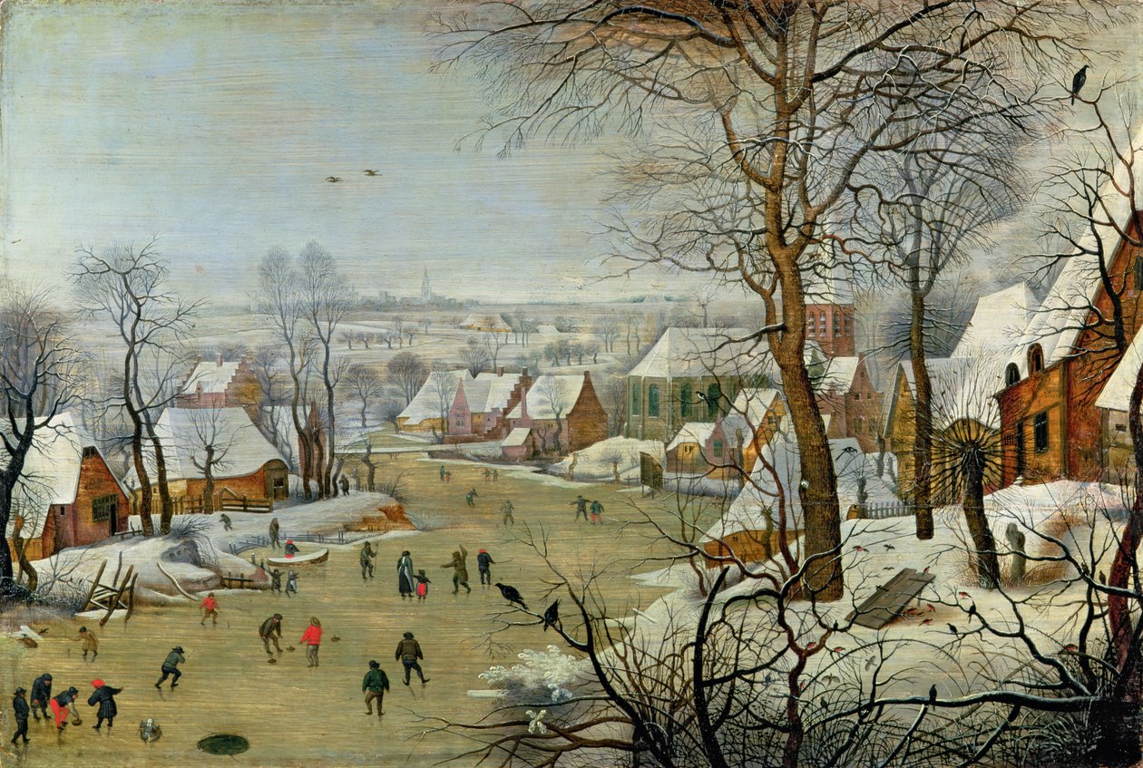 Vinterlandskap med skridskoåkare och en fågelfälla av Pieter Brueghel the Younger