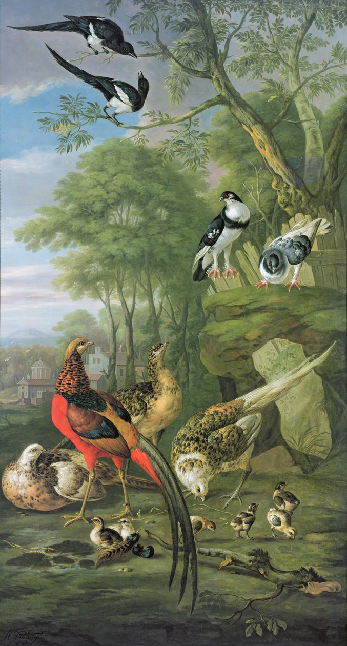 Tuppfasan, hönsfasan och fågelungar och andra fåglar i ett klassiskt landskap av Pieter Casteels