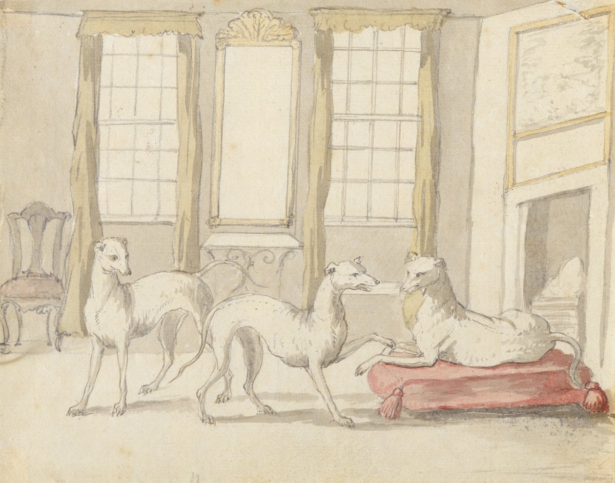 Tre vinthundar i ett rum (grafit och penna och bläck på papper) av Pieter Casteels