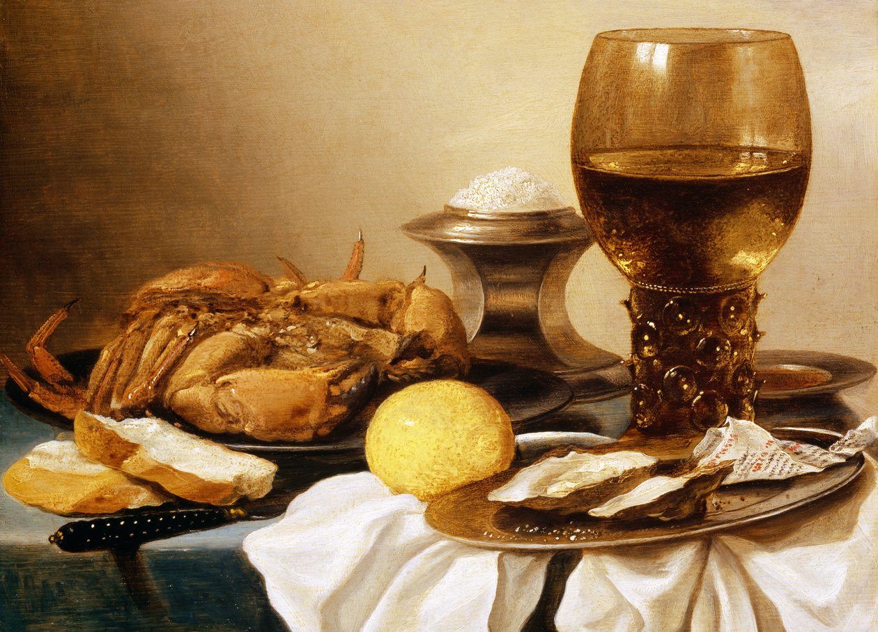 Ett stilleben av en krabba på en tennplatta av Pieter Claesz