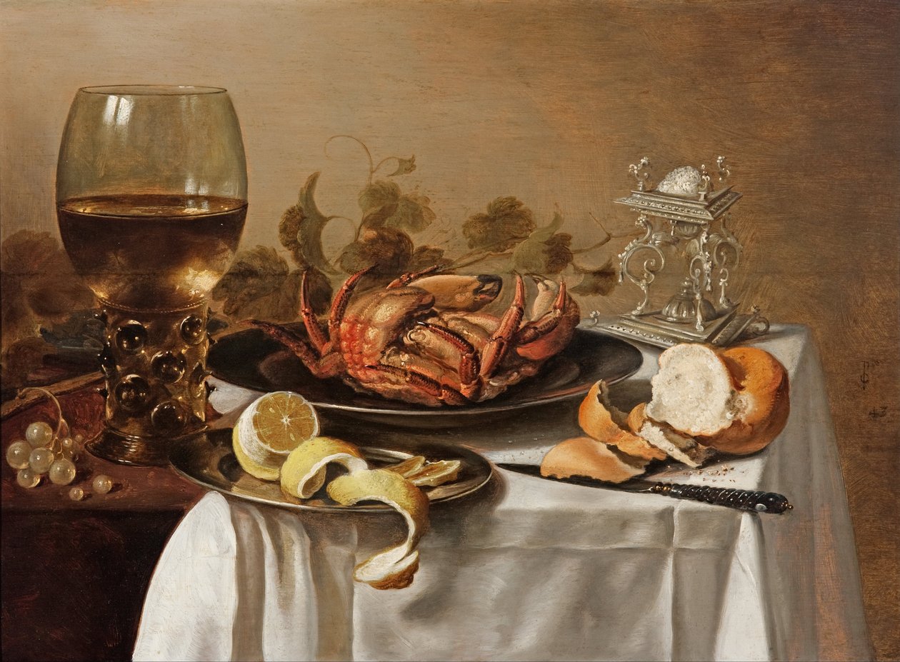 Ett stilleben med en roemer, en krabba och en skalad citron av Pieter Claesz