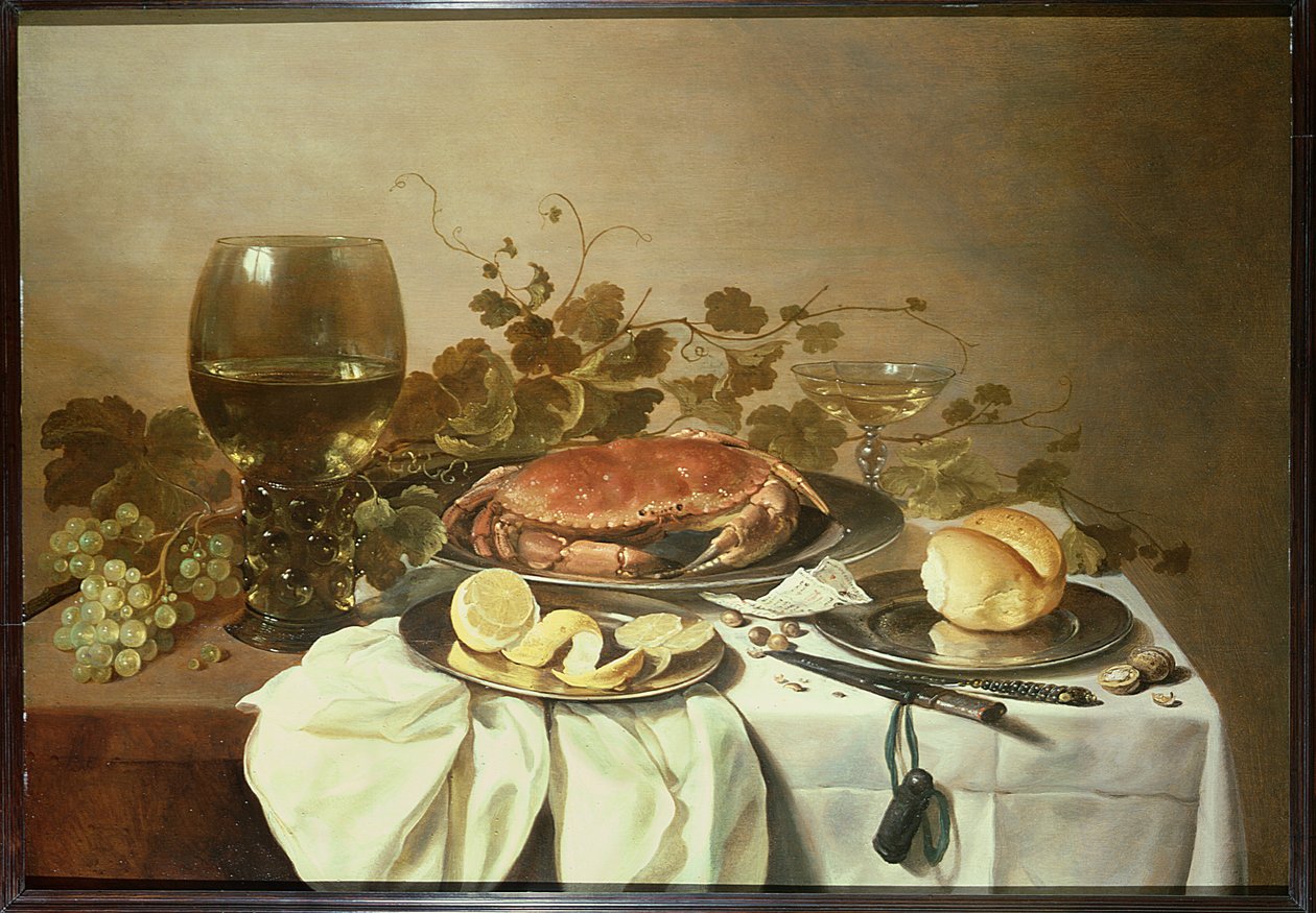 Frukoststilleben med roemer och en krabba av Pieter Claesz
