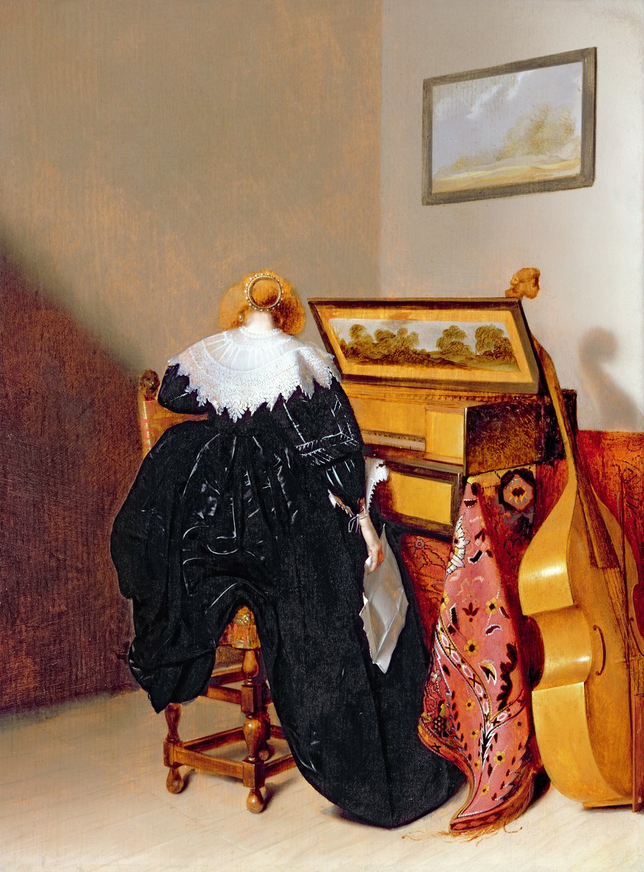 Dam som sitter av en Virginal av Pieter Codde