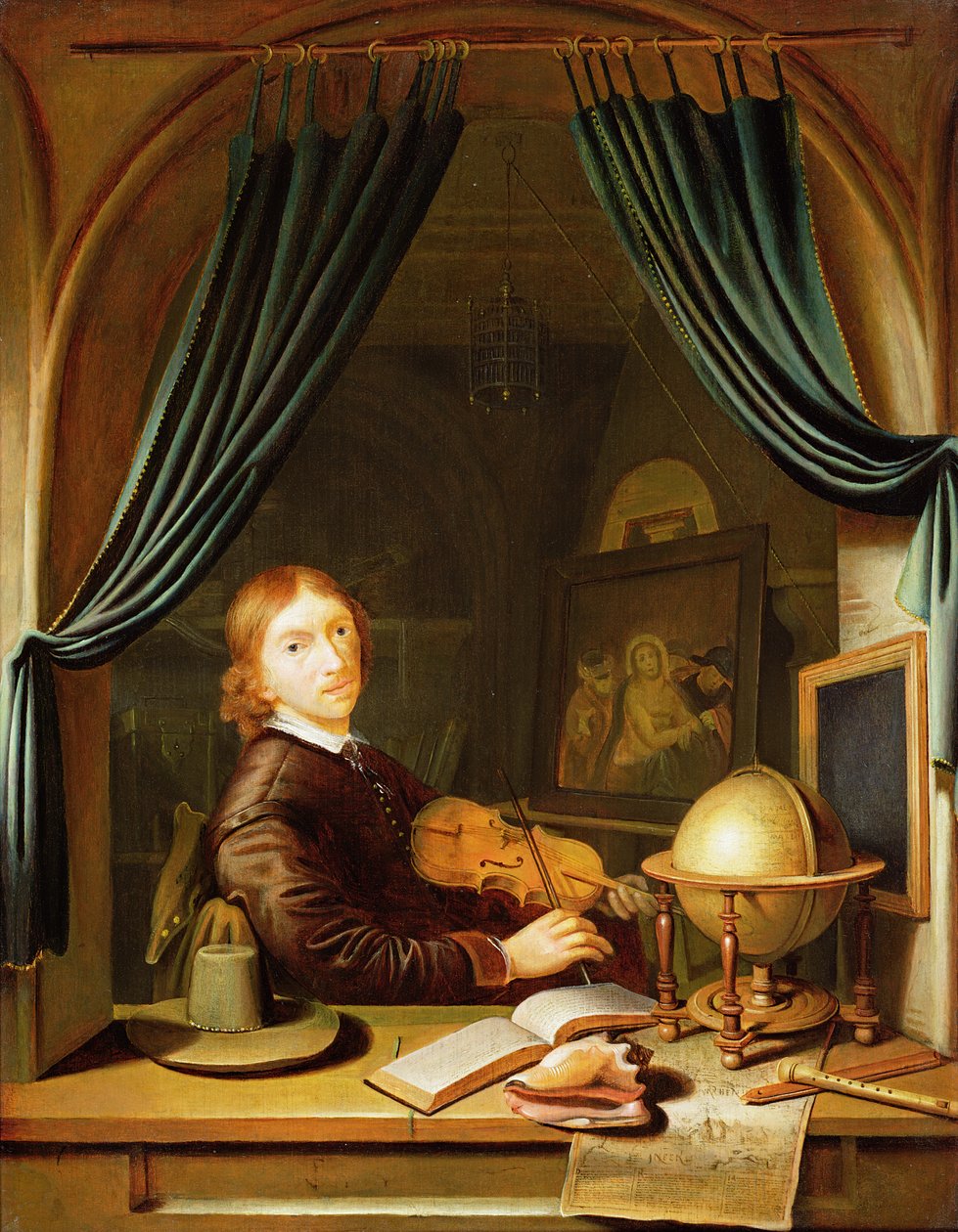 En musiker som spelar en fiol vid ett draperat hölje av Pieter Cornelisz van Egmont