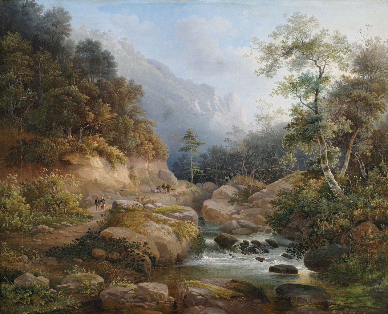 Gebirgige Flusslandschaft mit Figurenstaffage av Pieter Francis Peters