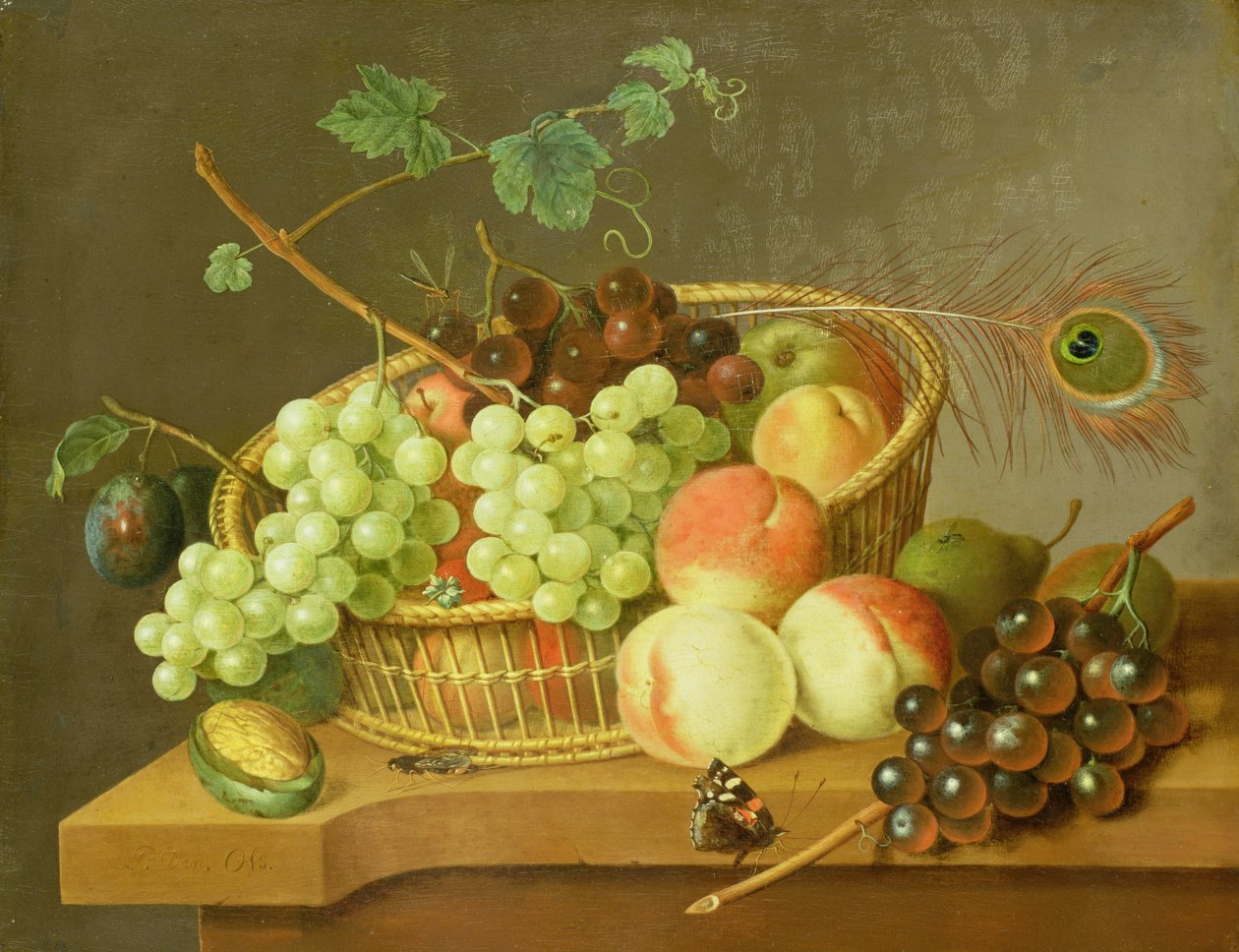 Stilleben av druvor och persikor i en korg av Pieter Gerardus van Os