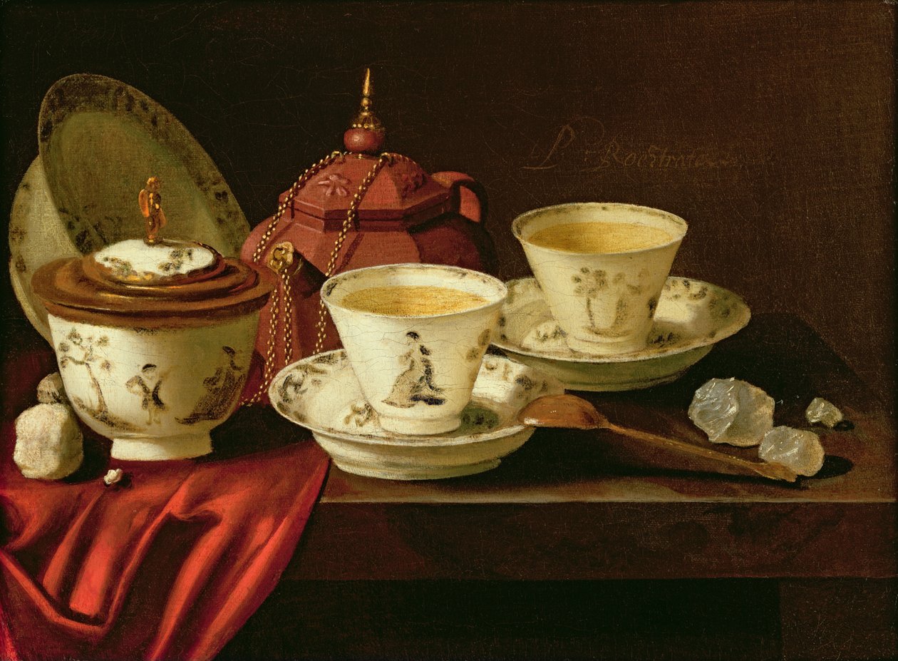 En Yixing tekanna och en kinesisk tete-a-tete i porslin på en delvis draperad avsats av Pieter Gerritsz. van Roestraten