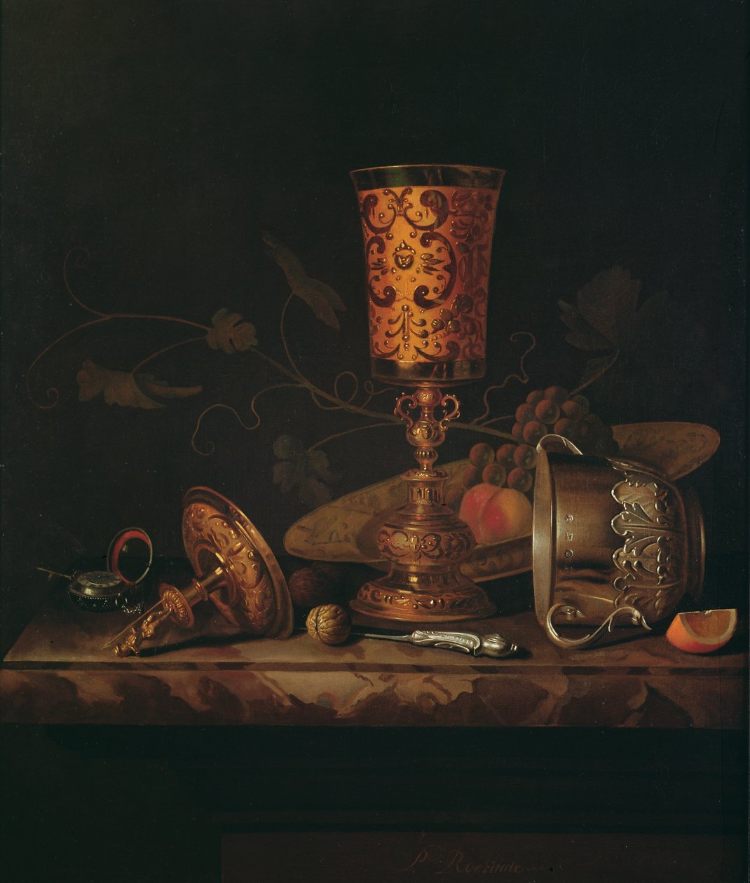 Stilleben med Silver bägare och Time Piece bägare av Pieter Gerritsz. van Roestraten